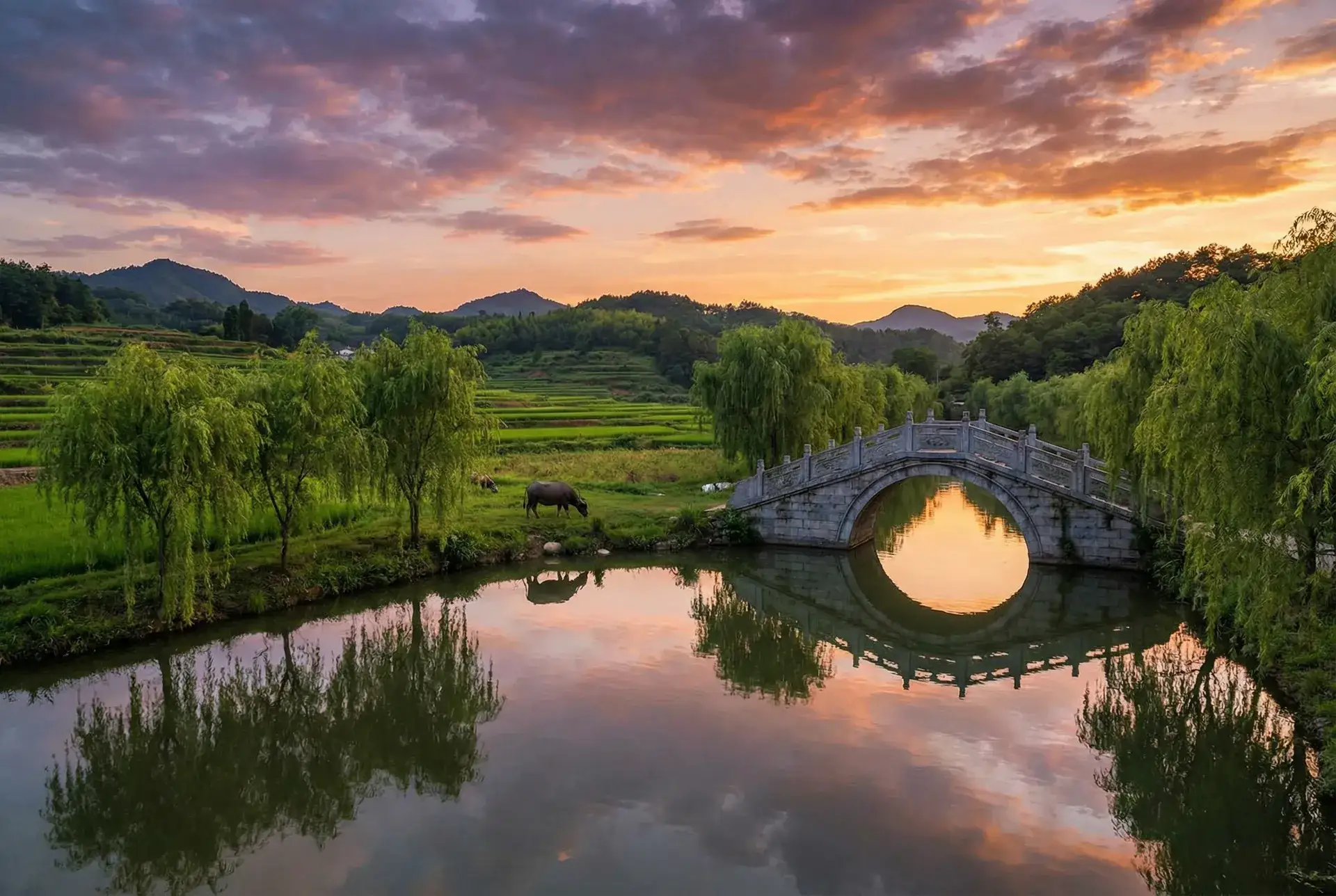 夕阳下的石拱桥与垂柳，水牛在河边吃草 - 国产一卡2卡3卡4卡有限公司 乡村美景